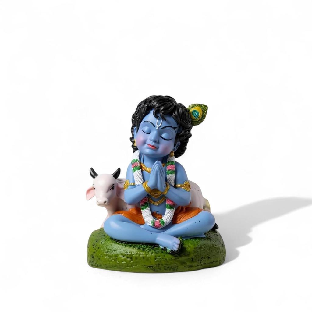 Idolo di Krishna per Bambino Statua di Bal Gopal con Statuetta di Mucca Articolo Regalo per Janmashtami & Pooja, Decorazione per la Casa, Decorazione da Tavolo