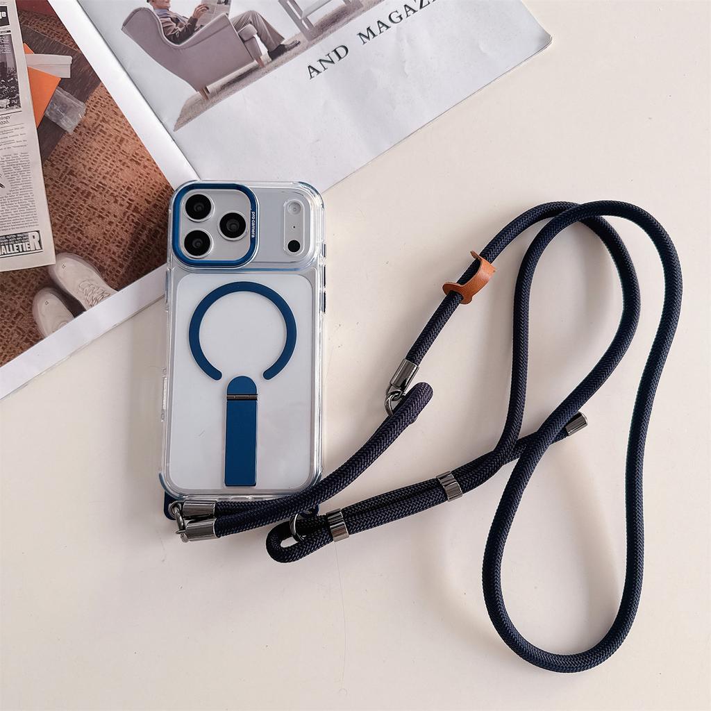 8.0mm Crossbody Strap Magnetic Case For iPhone 17 Pro Max 16 15 14 Clear Cover Metal Stand 4-Corners Protection Drop Resistant