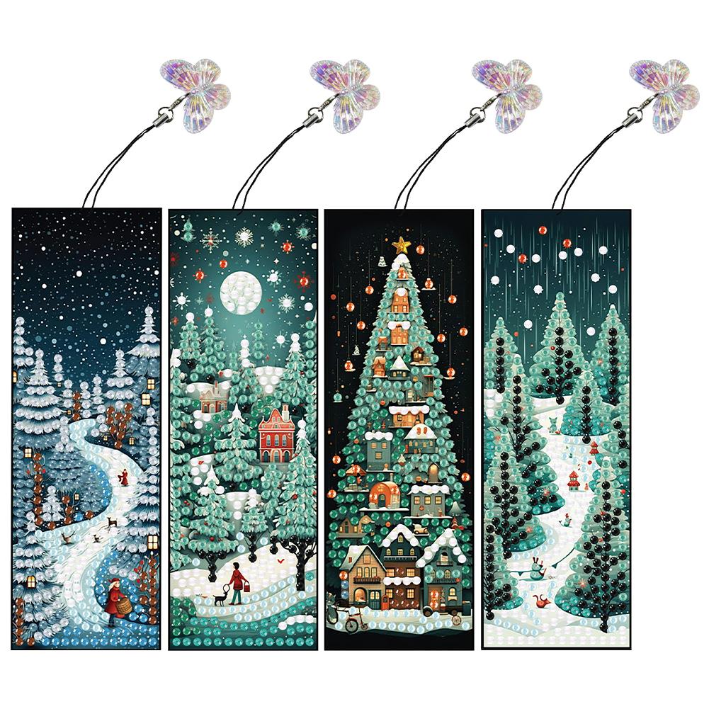 4Pcs Special Shaped Christmas Butterfly Flowers 5D DIY Diamond Art Book Mark Diamond Painting Bookmark Making Kit for Beginners