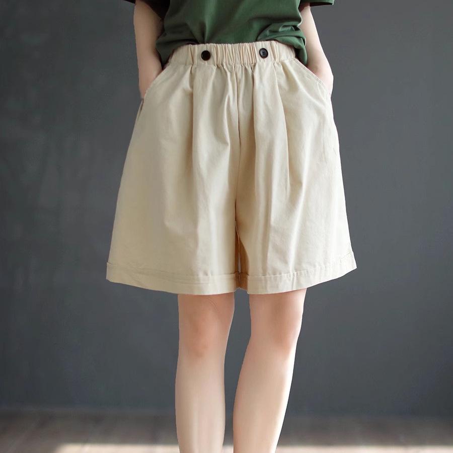 Women's Plus Size Cotton Retro Cargo Shorts - Multi-Color, Wide-Leg, Elastic Waist, Loose Fit, Versatile Five-Point Pants