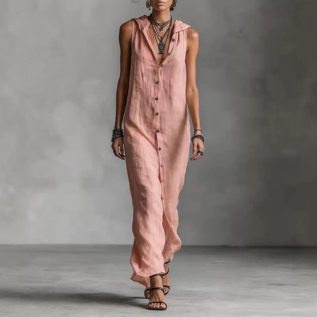 Long Sleeveless Spliced Dress With Polo Collar For Casual Travel And Streetwear