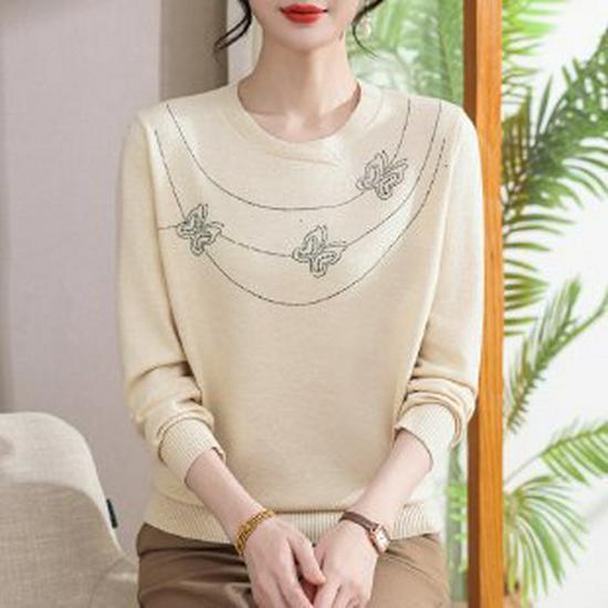 

Elegant Spring/Autumn Knit Base Layer Top for Women, Middle-Aged & Elderly, Long Sleeve, Thin Sweater XL бежевый