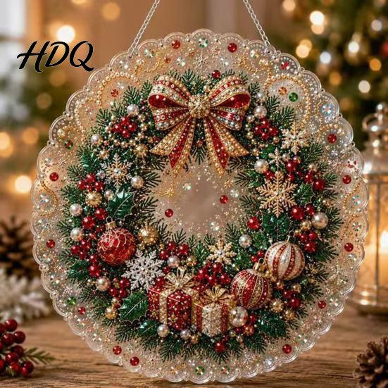 Celebration Party Supplies Christmas Acrylic Tree Hanging Ornament Faux Pearl Art DIY Painting Holiday Suncatcher 20cm Glowing Window Decor for Home