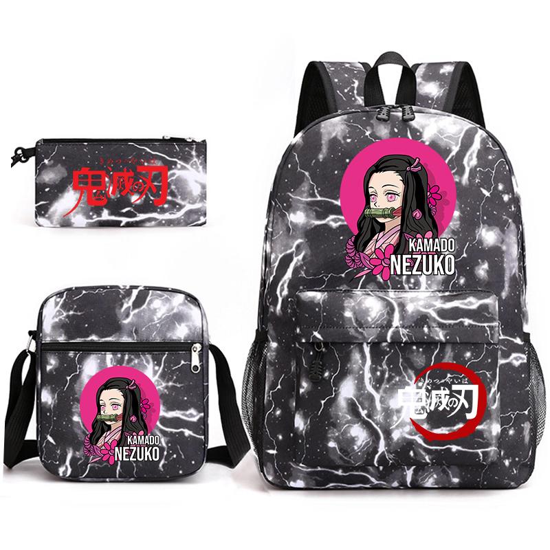 Demon Slayer Anime Print School Backpack Set 3Pcs Include Backpack Shoulder Bag Pencil Case for Boys Girls Students