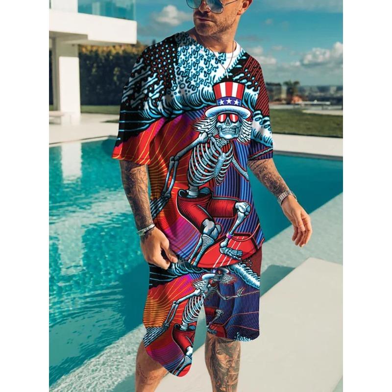 Summer Tracksuit 2 Piece Outfit Male 3D Color Block Print Short Sleeve T-Shirt Shorts Jogging Sets Outdoor Street Men's Clothing