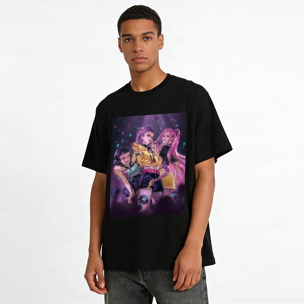 Cool Girl Group Print Short Sleeve T-Shirt Trendy Anime Style Loose Top Streetwear For Women Pure Cotton T-shirt