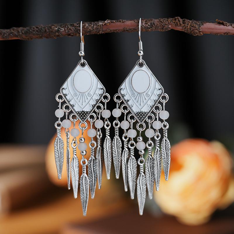 Fashion Vintage Bohemian Leaf Tassel Drop Dangle Earrings For Women Enamel Rhombus Geometric Beads Handmade Boho Earring Zircon