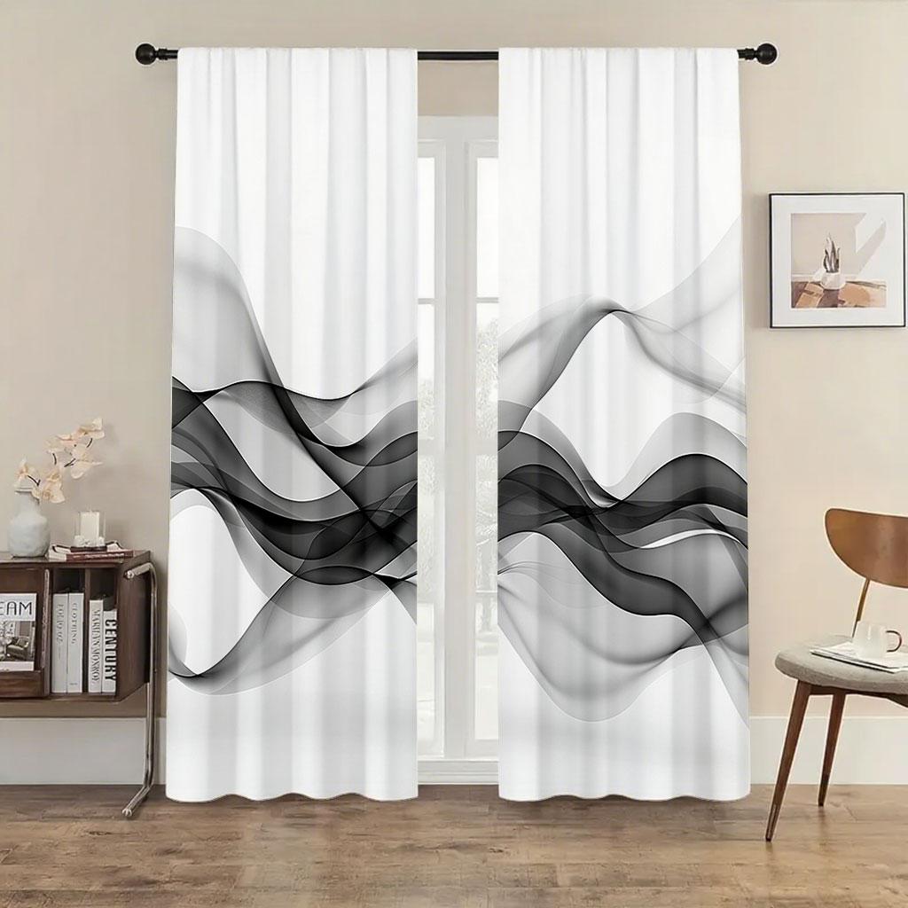 

2pcs Black and white gradient wavy curtain modern minimalist style living room bedroom pull rod pocket window decoration 100*130 Rod Pocket 1pcs