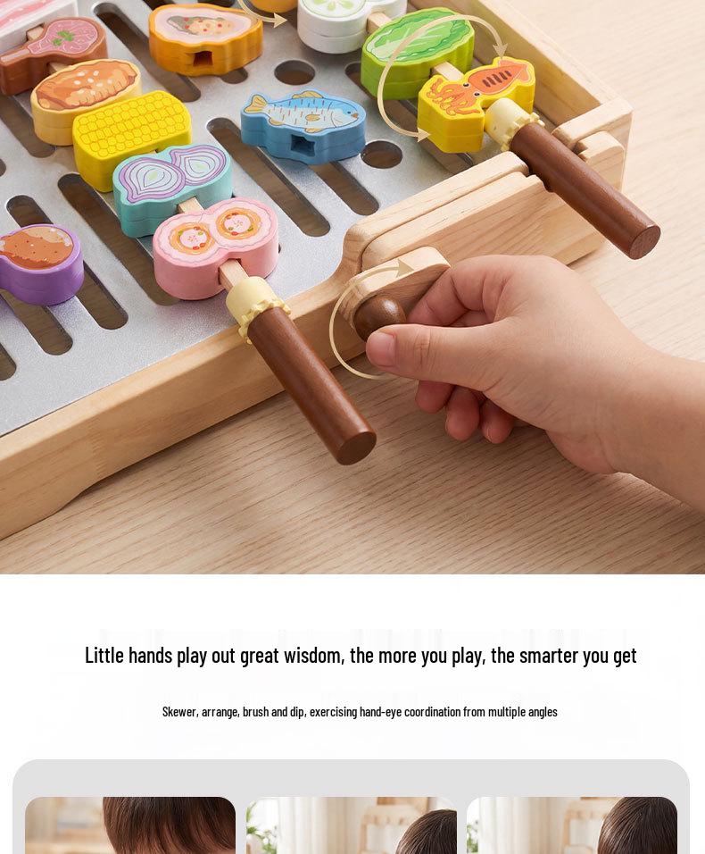 Children's Interactive Wooden BBQ Grill Role-Playing Toy with Building Blocks for Hand-Eye Coordination