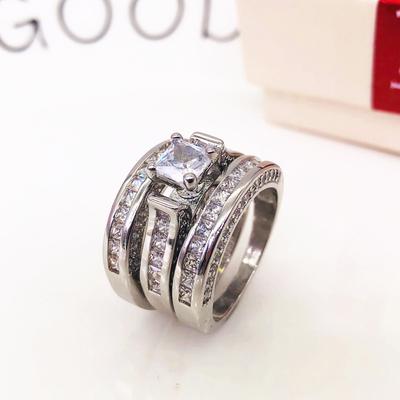 Inel 3 în 1 Femei Vintage Alb Diamant Logodna Argint Verigheta Set