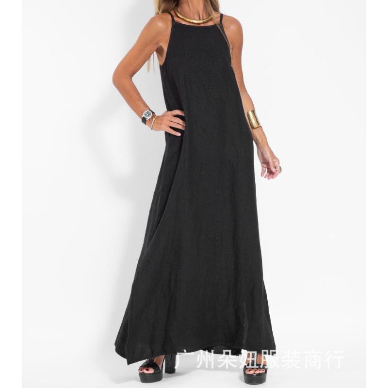 Modisches und lässiges Damen-Latzkleid aus Baumwolle und Leinen mit Schlitz