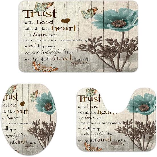 

Rustic Elegant Teal Tulip Bath Rug, Modern Farmhouse Beige and Teal Floral Fabric Non Slip Bath Mats, Vintage Bath Rug Sets for Bathroom Bedroom