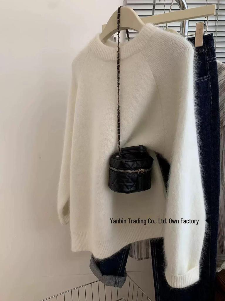 Women's Pink Cashmere Round Neck Long Sleeve Heavyweight Sweater