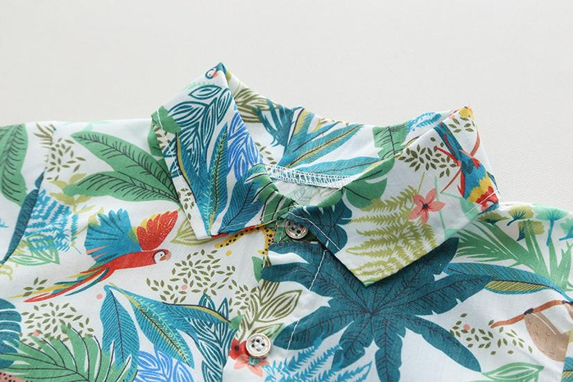 2026 Summer Southeast Asian Resort Boys' Leaf-Print Lapel Shirt & White Shorts Set