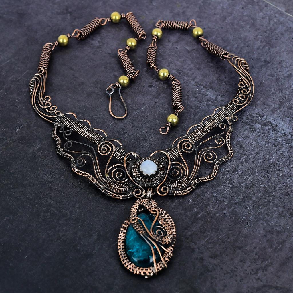 Natural Neon Blue Apatite, Moonstone Copper Wire Wrap Jewelry Necklace 18" s8A15
