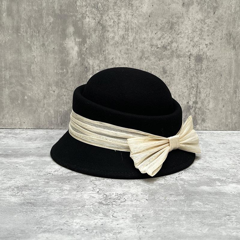 

French Celebrity Retro Hepburn Style Silk Hemp Big Bow Woolen Basin Hat Women S Convex Top Elegant Top Hat M（56-58cm）