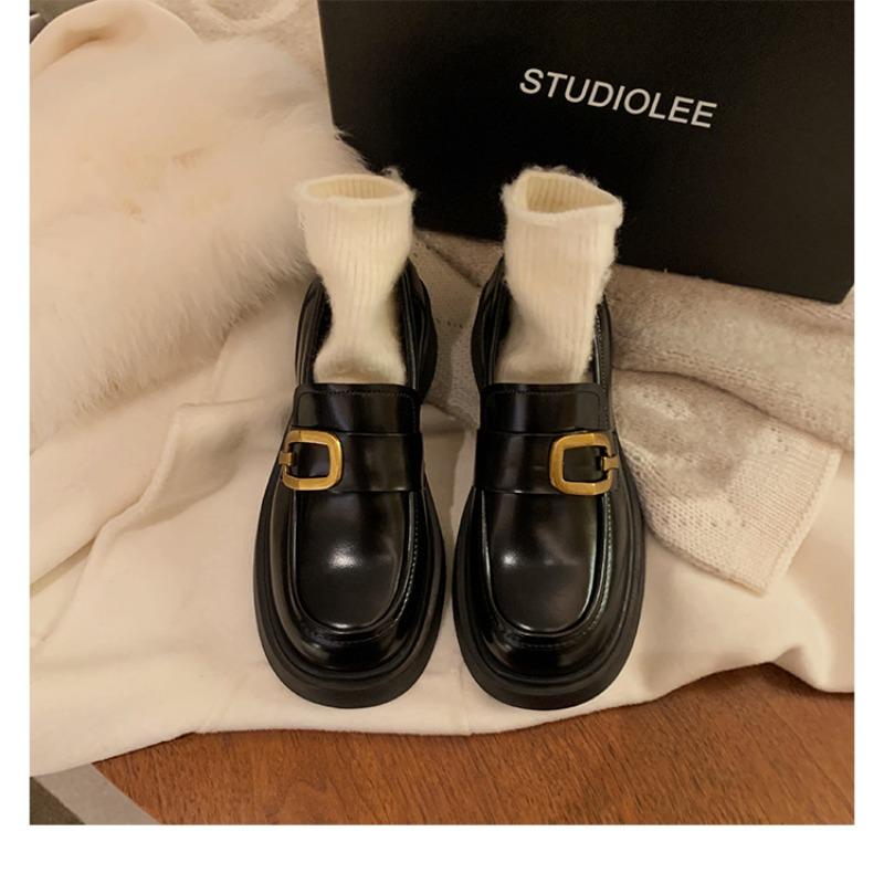Sheepskin extravagant gold buckle platform women's leather round head British lazy thick heel small leather shoes