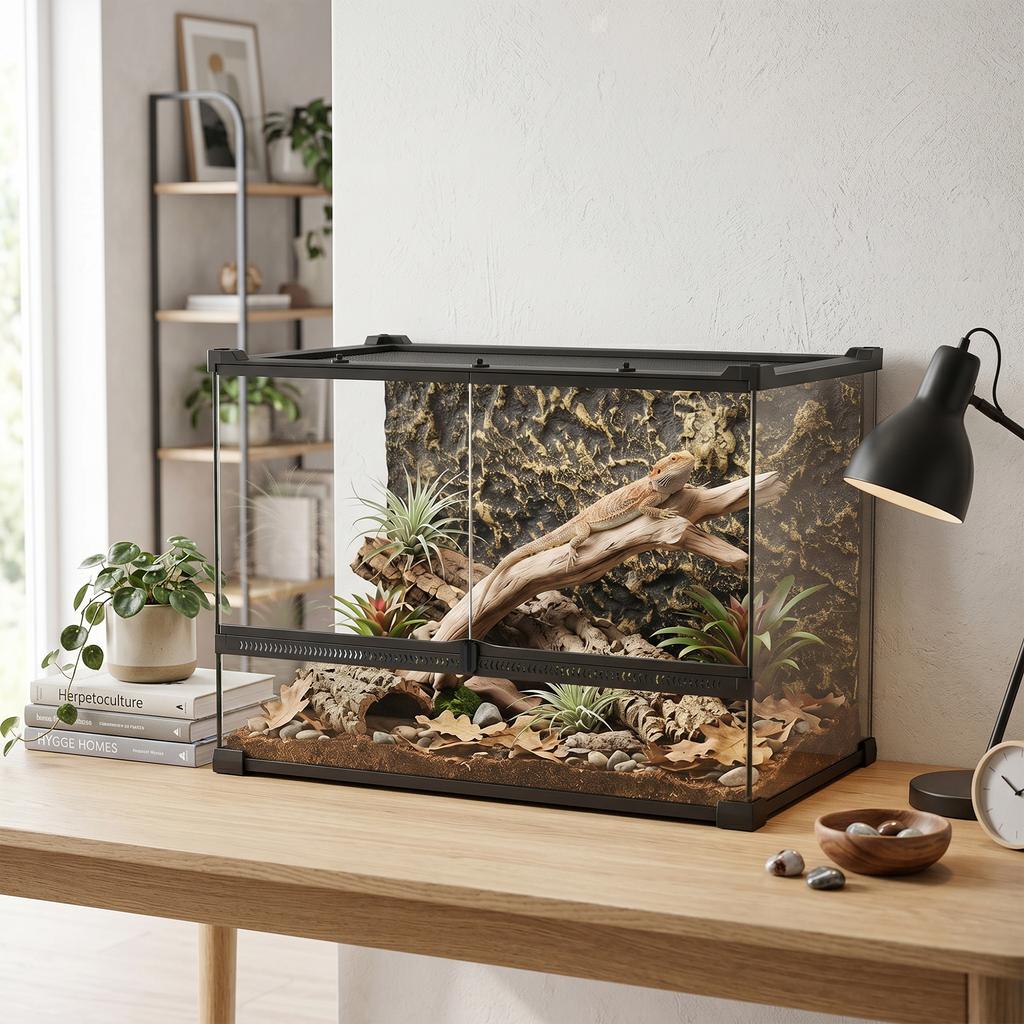 Reptile Glass Terrarium with Stone Background, Front Ventilation, Escape-Proof Knob Lock, 50 x 30 x 35 cm, Black