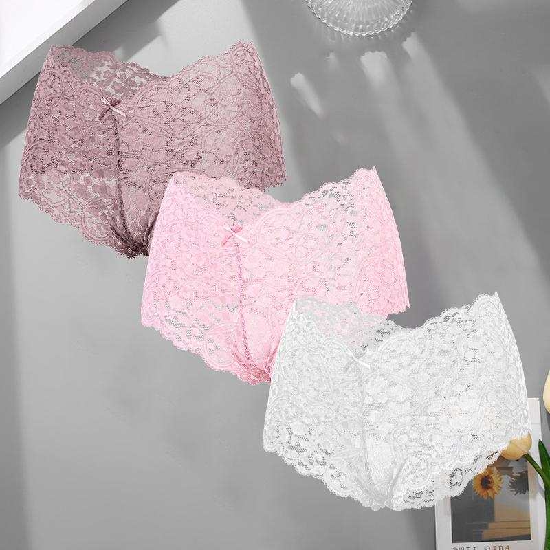 3Pcs/Set Sexy Lace Bowknot Boxer Shorts For Women Seamless Hollow Out Perspective Boyshort Female Sport Breathable Lingerie S-XL