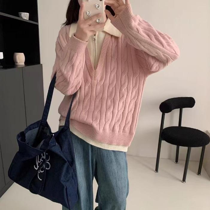 Fake two-piece PO-neck twist pullover sweater for women's autumn and winter new large-size fat mm loose and lazy knitted sweater top