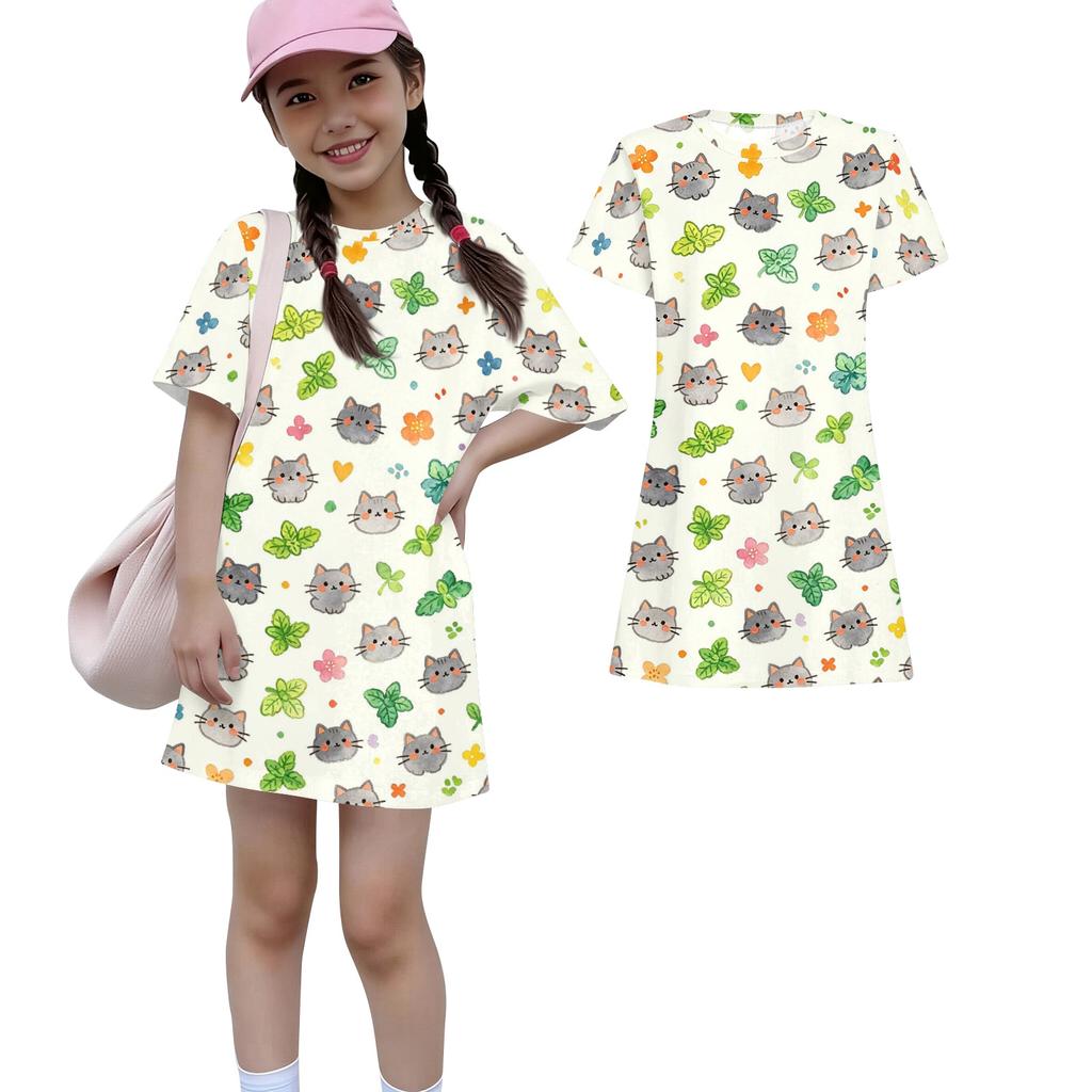 Mädchen lockeres kurzärmeliges Kleid leicht rundhalsig lässiges Kleid mit Tiermotiv bequemes Sommerkleid für Kinder