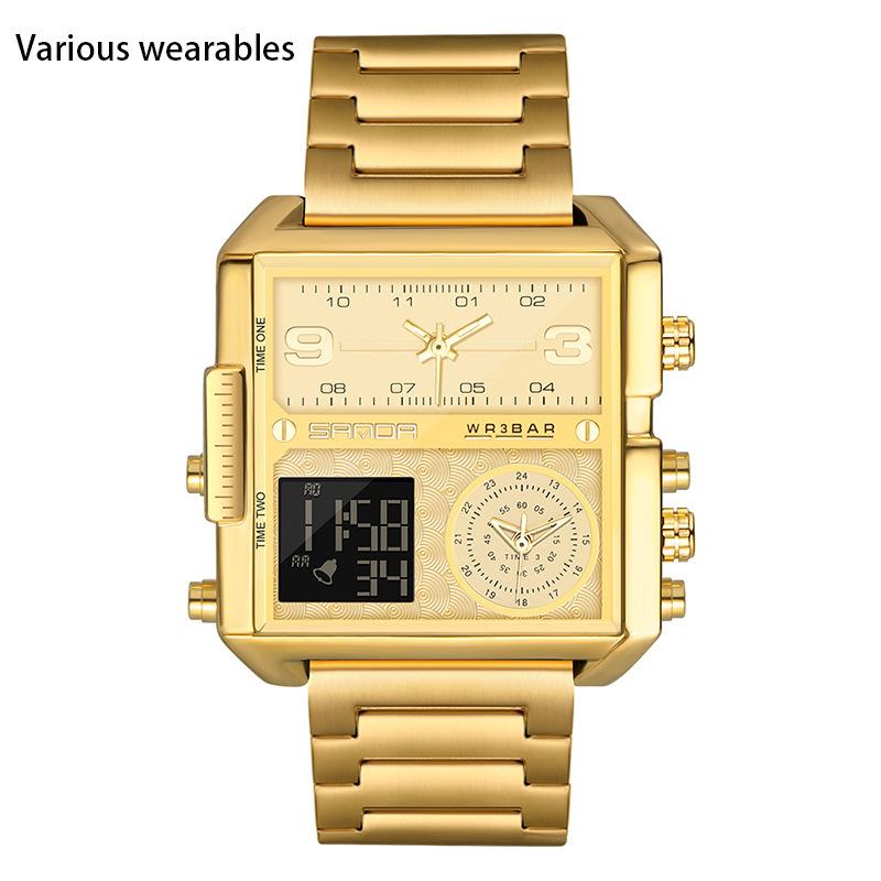 Fashion Casual Men's Watch Multi-functional Waterproof Leather Strap Electronic Watch Square Personality Large Dial