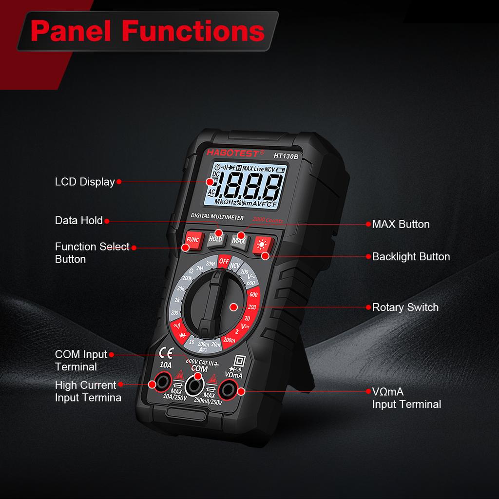 HABOTEST HT130B High-Precision Digital Multimeter AC/DC Current Meter Voltage Resistance Meter Electrician LCD Screen Ohm NCV