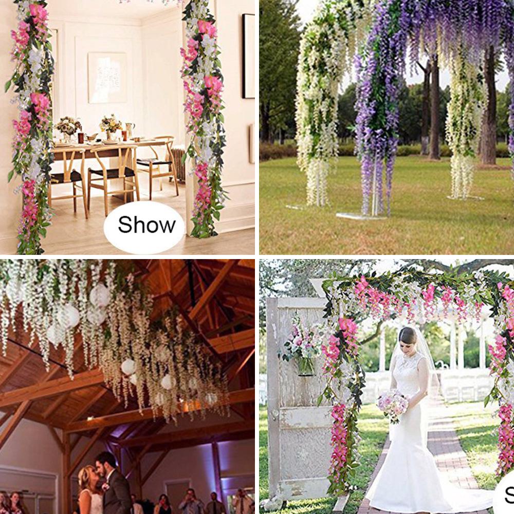 2Pcs Artificial Wisteria Vine 7ft Faux Flowers Silk Cloth Wisteria Garland Wedding Party Backbro Backdrop Wall Hanging Flower