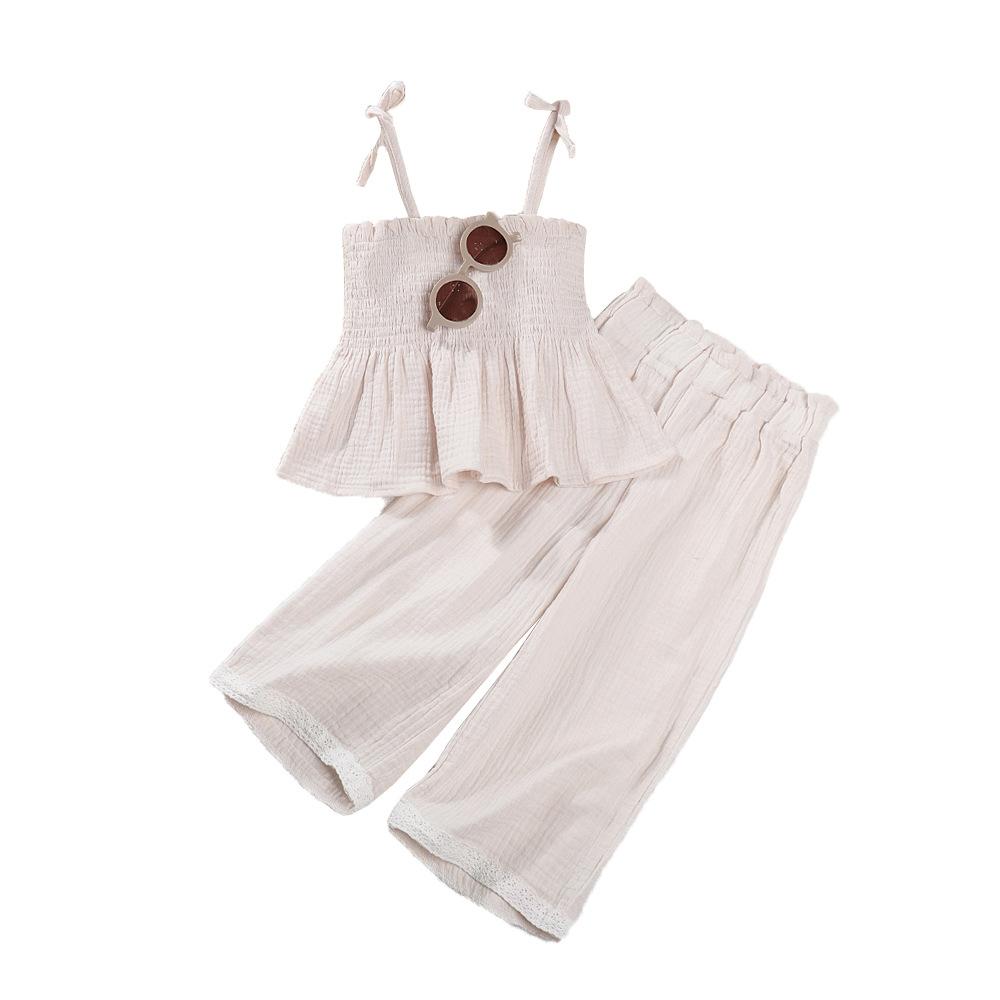 New Children's Summer Outfit for Girls, Tie Strap Camisole Top + Wide-Leg Pants, Baby Mori Style Set, Korean Version Vacation Set