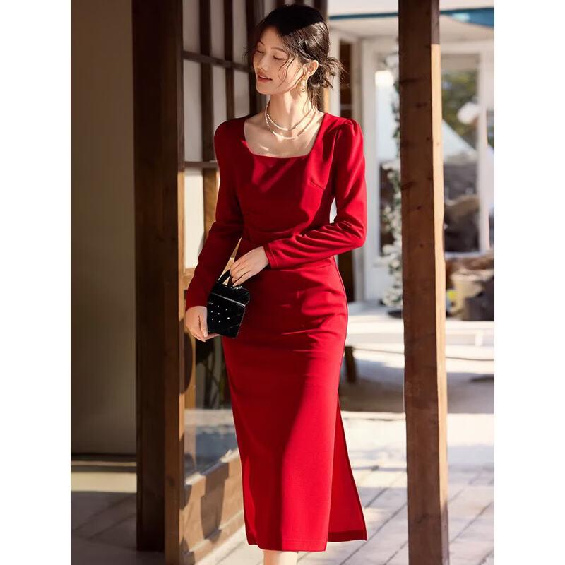 XWI Elegant French Style Square Neck Red Dress