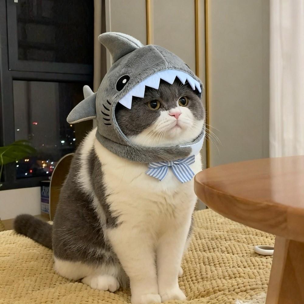 Warm Plush Cat Shark Headdress Cartoon Cat Warm Hat Kitten Outfits Pet Cosplay Headwear  Halloween