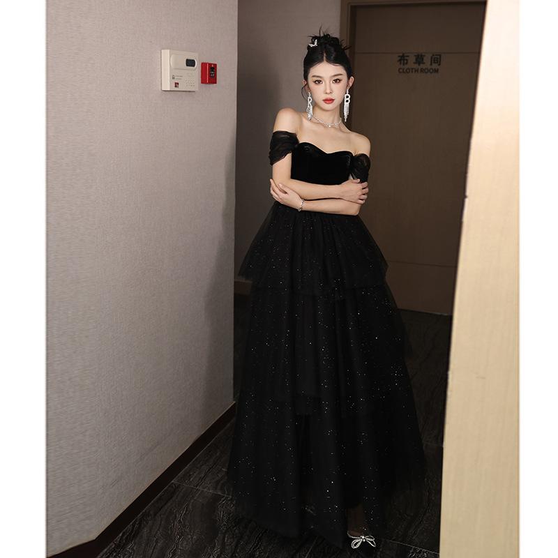 Black Evening Dress 1011 New Banquet Shoulder Temperament Light Luxury Niche High Sense Host Art Test Dress