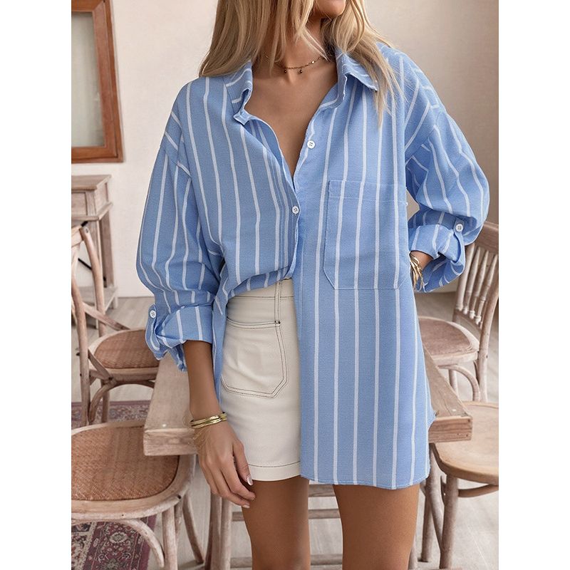 European and American Long Stripe Shirts Women 2025 New Loose Idle Style Fashion Long sleeve Cardigan Top Shirt