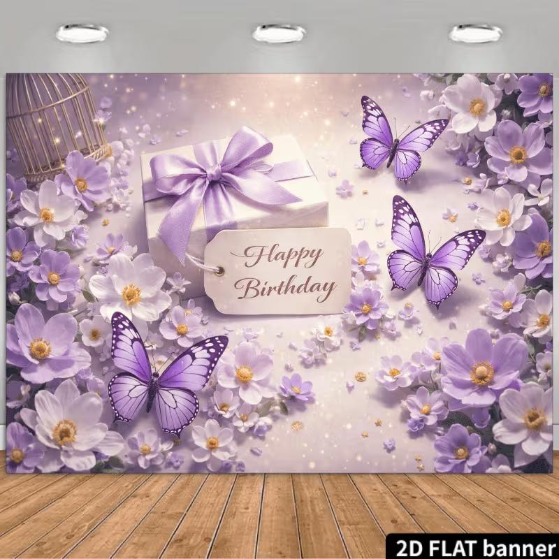 

2D Elegant Purple Flower Butterfly Themed Birthday Decor Banner 47.2x31.5inch/120*80cm