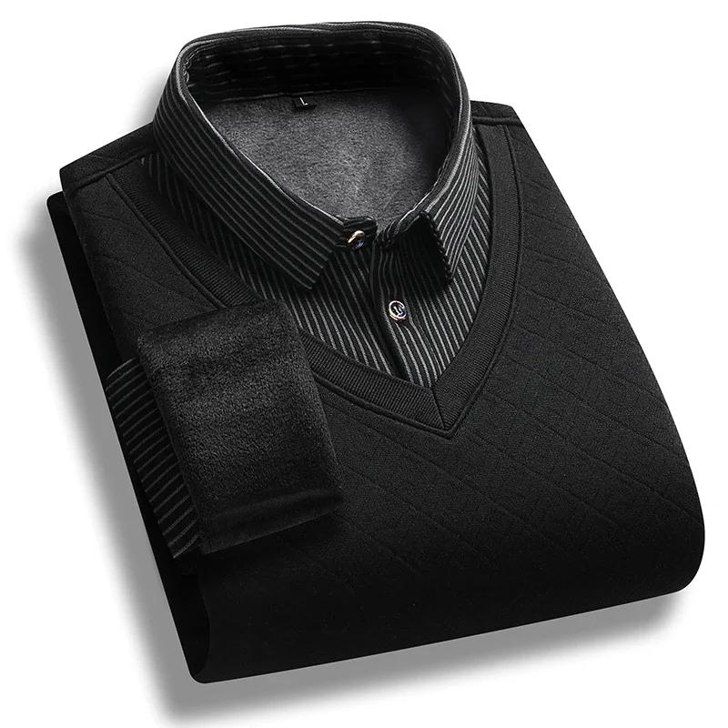 Moda Outono Inverno Plush de Alta Qualidade Gola Grossa Suéter Quente Tendência da Moda Solto Respirável Suéter Falso de Duas Peças