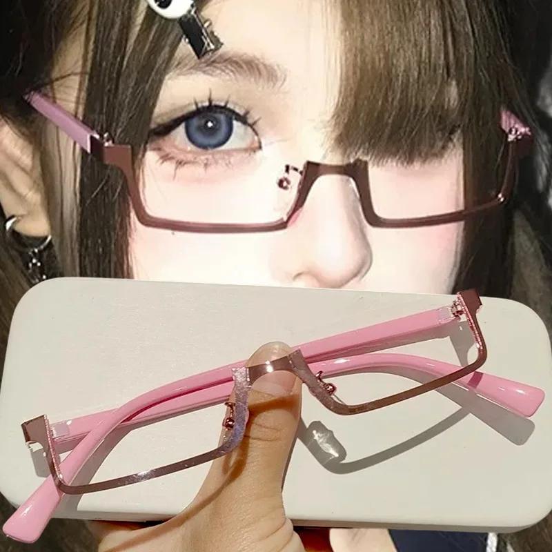 1/2Pcs Y2k Japanese Half-Frame Glasses Women Cosplay Red Black INS Vintage Metal Square No Lense Decoration Eyeglasses Frame