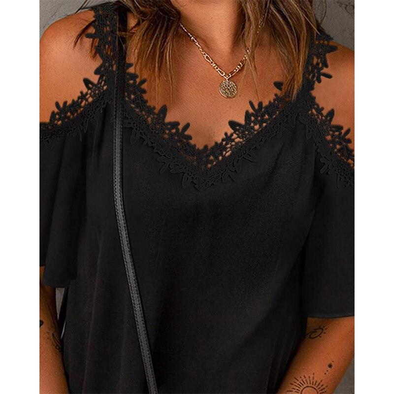 Elegant V-neck Sexy Lace Womens T Shirts Summer White Short Sleeve Tees Off Shoulder T Shirt 2023 Fashion Solid Lady Tops 26353