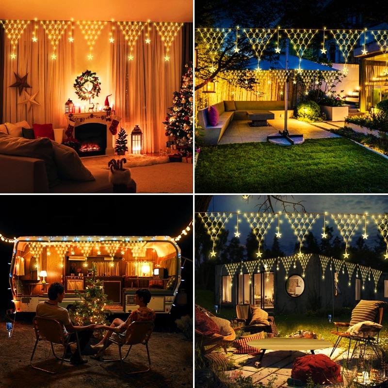 Outdoor Solar Icicle Pentagram String Lights 8 Lighting Modes Waterproof for New Year Christmas Garden Patio Staircase Holiday Decorative Lamps