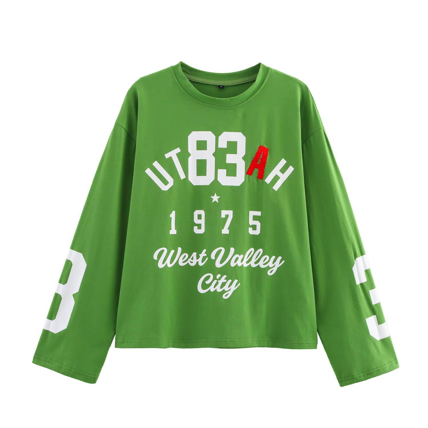 

Весна 2025 Женская европейско-американская простая футболка с длинным рукавом и вышивкой в виде букв L зелёный