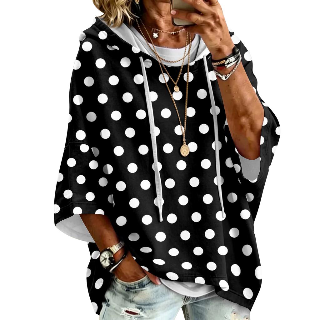 Women's Polka Dot Print Drawstring Hooded Sweatshirt Loose Fit Casual Top