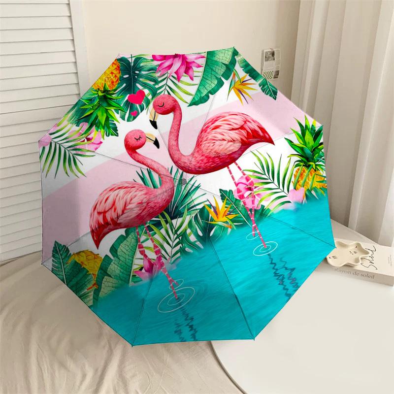 1pc Flamingo Tropical Automatic Folding Umbrella, Heavy Duty 8 Rib Iron Frame,  Suitable for Travel, Daily Use, Birthday, Decor Gift m0104045