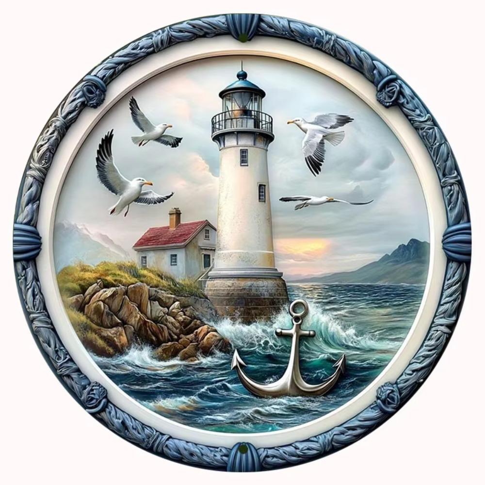 

Vintage Lighthouse Aluminum Wall Art Sign - Seagulls and Ocean Theme Metal Decor - Weatherproof, Valentine S Day 20x20cm белый