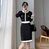 French Elegant Party Color Contrast Dress Women Vintage Slim Mid-length Knitted Dresses Female Korean Fashion Design Casual Clothes