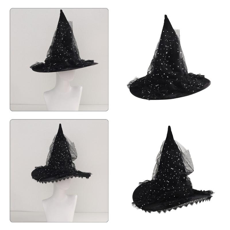 Halloween Party Witch Hats Lace Sequins Ruffled Sheer Pointed Hat Cosplay Accessory Unique Witch Hat