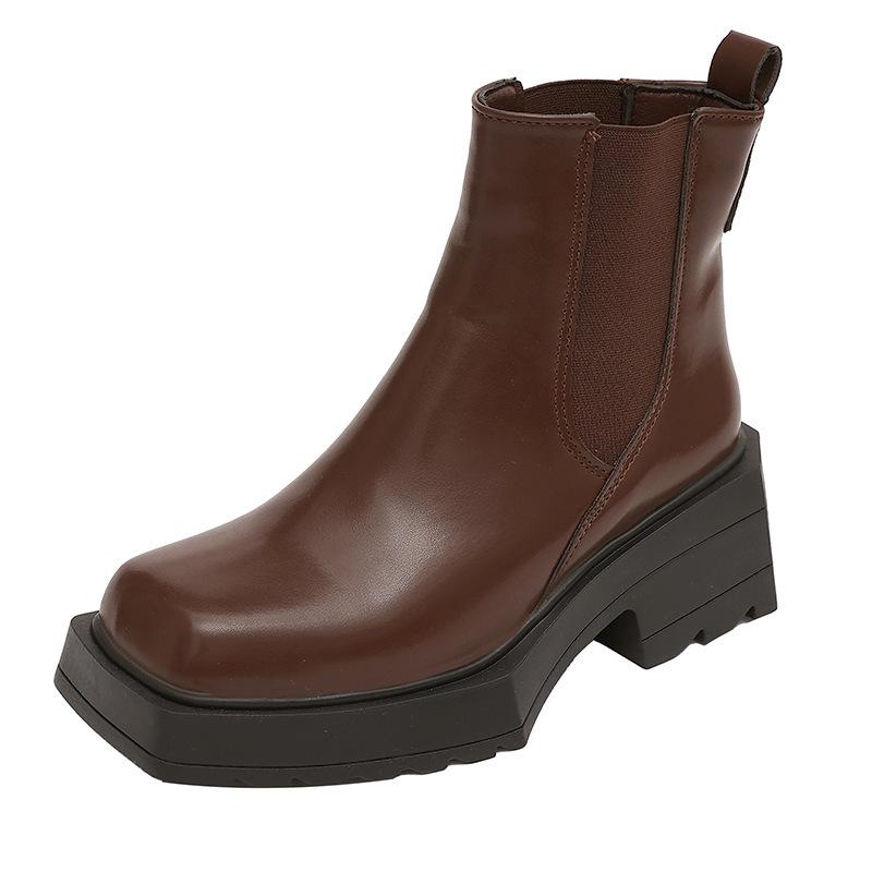 Small Martin Boots Women's British Style Heightening Cigarette Boots Thick Sole Square Head Thick Heel Chelsea Versatile Black