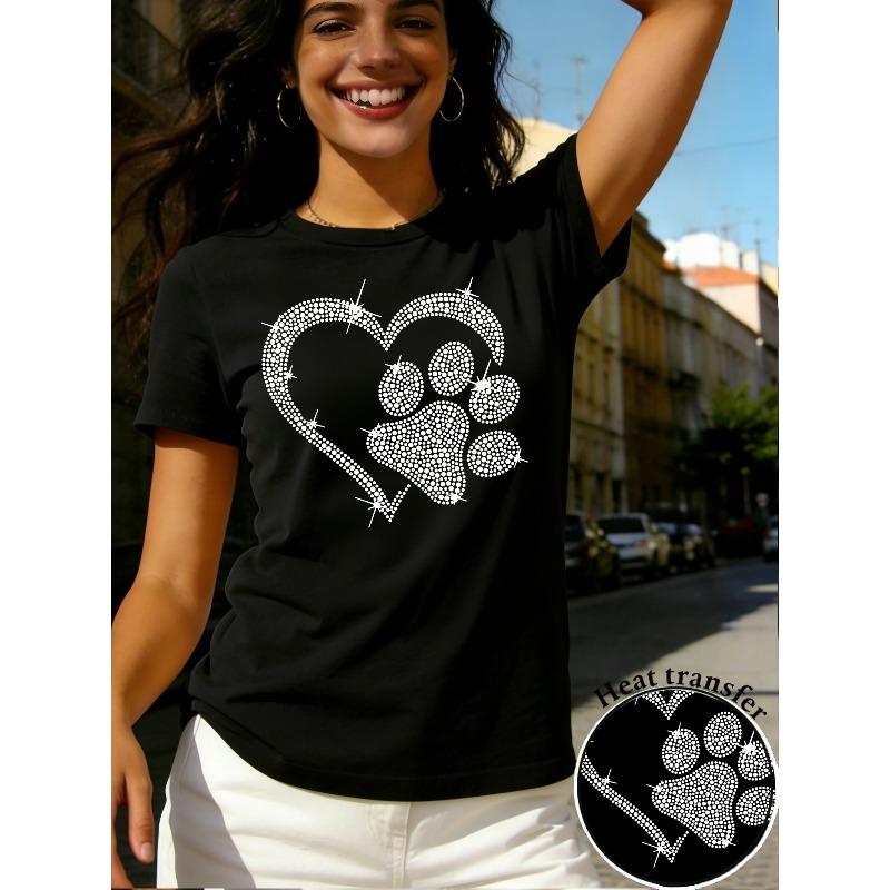 

European Size Womens Heart Dog Paw Print T Shirt Casual Short Sleeve Crew Neck Stylish All Season Top XL чорний