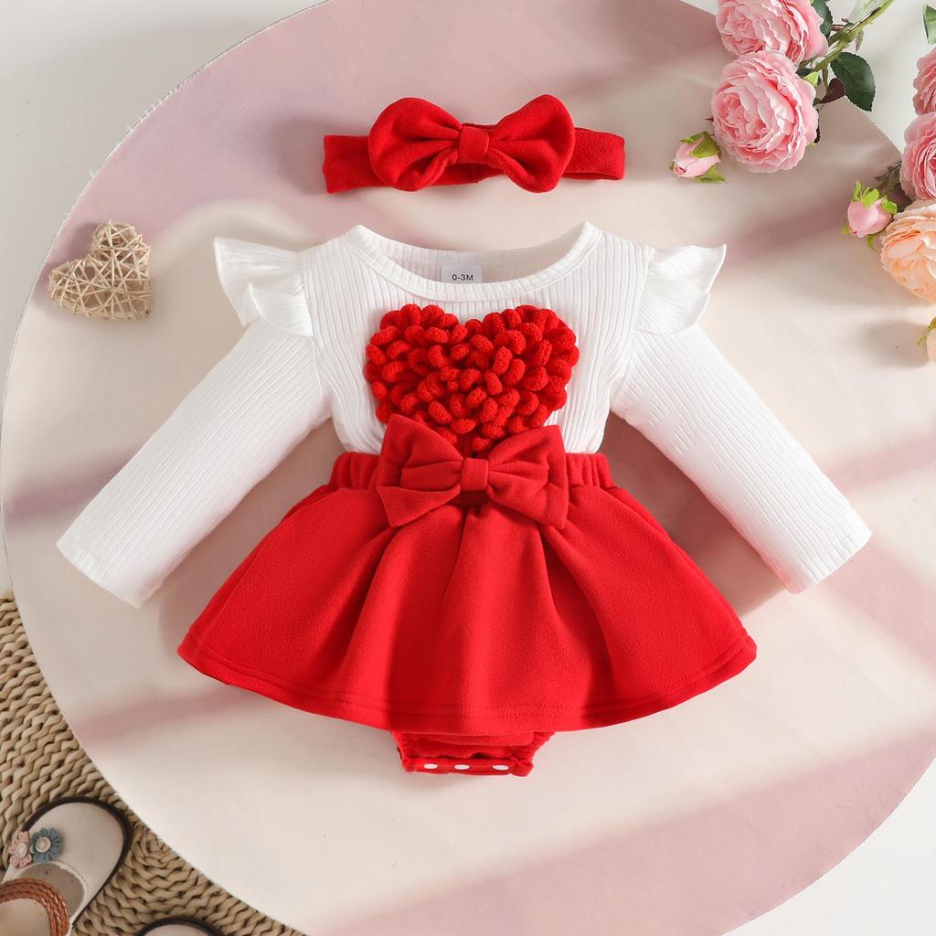 3D Heart Long-Sleeve Dress with Headband for Baby Girls, Ages 0-1, Wool Skirt Hem, with Open Crotch for Autumn/Winter