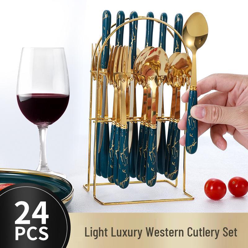 Stainless Steel 24-Piece Cutlery Set with Imitation Ceramic Handles - Includes Knives, Forks, and Spoons in Gift Box.