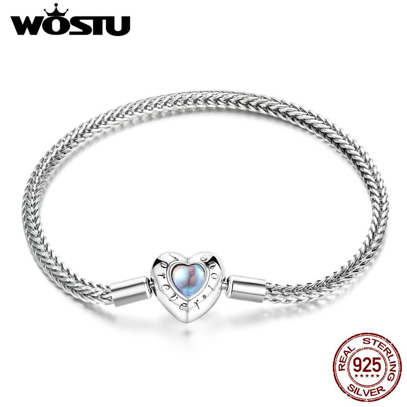 

WOSTU 925 Silver Heart Rainbow Moonstone Basic Chain Bracelets Charm Lettering Engrave Forever Love Women s hand Wrist 17CM