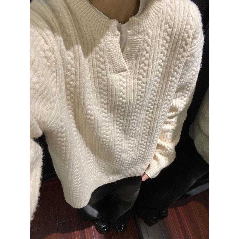 Men s Dark Gray Thick Cable Knit V-Neck Sweater, Winter Lazy Style Outerwear XXL